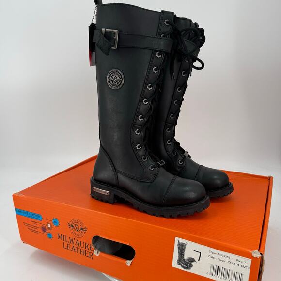 NWT Milwaukee Leather Black 14-inch Lace-Up High-Rise Leather Boots - Picture 1 of 9